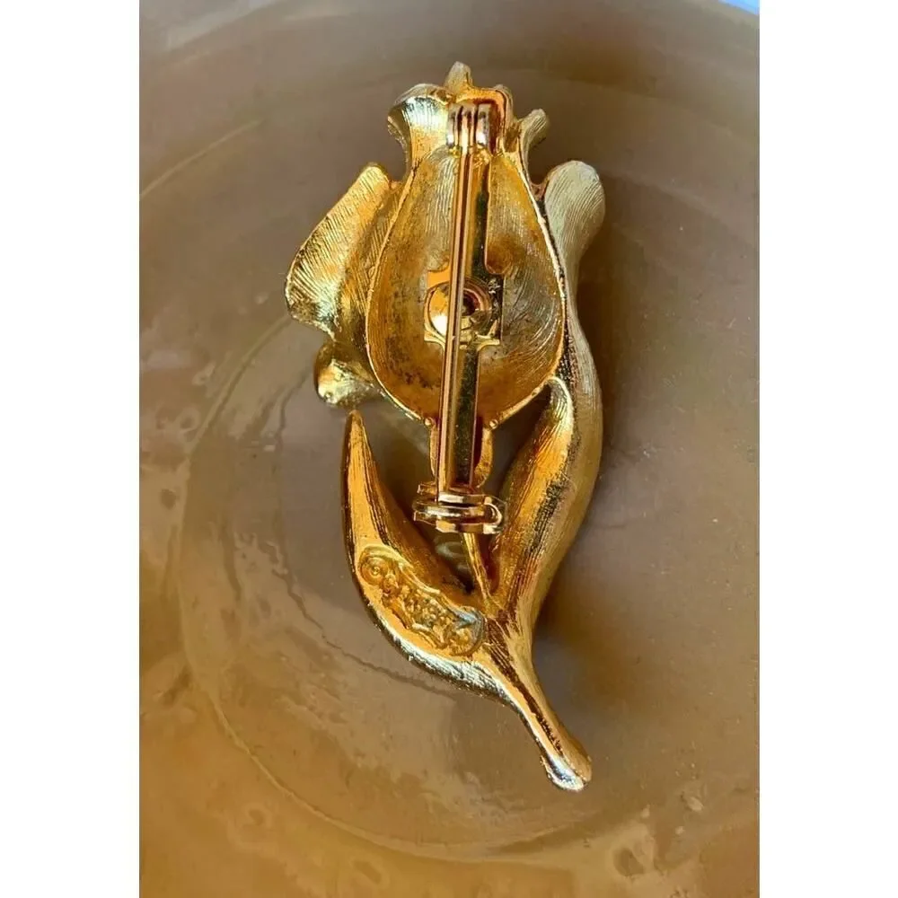 Beautiful brushed Gold Tone Rose Brooch, Stamped, Mint
